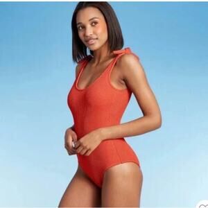 Kona Sol One Piece SwimSuit Crepey Padded Orange Women's Size S